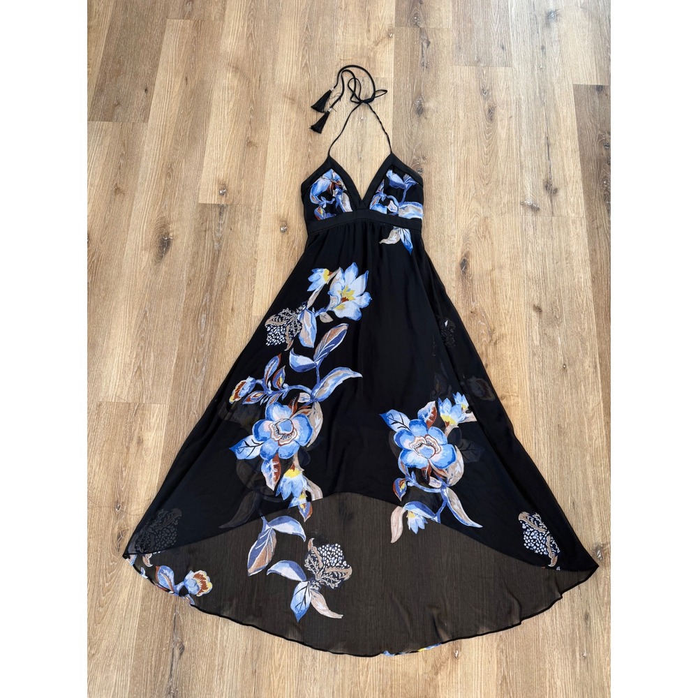 White House Black Market Floral High-Low Halter Dress Women XS Black Blue Tassel